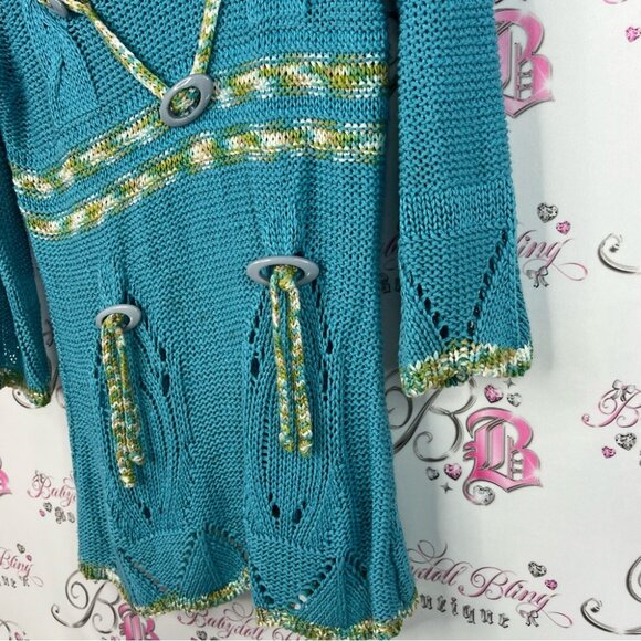 Moffi international sweater tassle beads Teal Knit Sweater with Yellow Accents - Picture 4 of 9